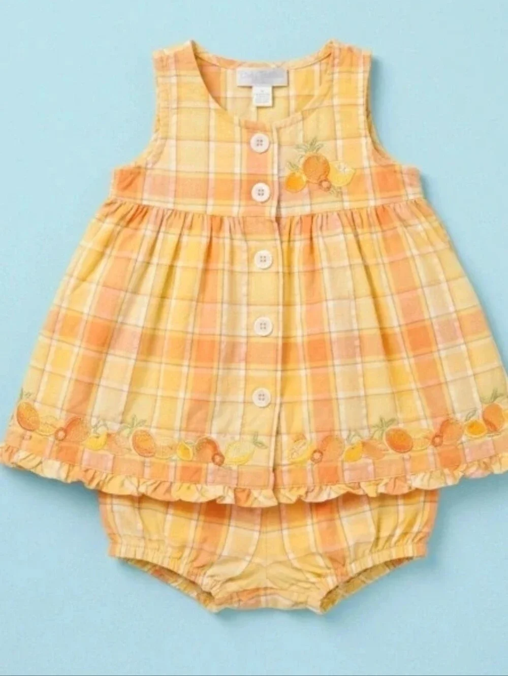 Bt kids Vintage Baby Girl Yellow Plaid Citrus Embroidered Dress & Bloomer Set